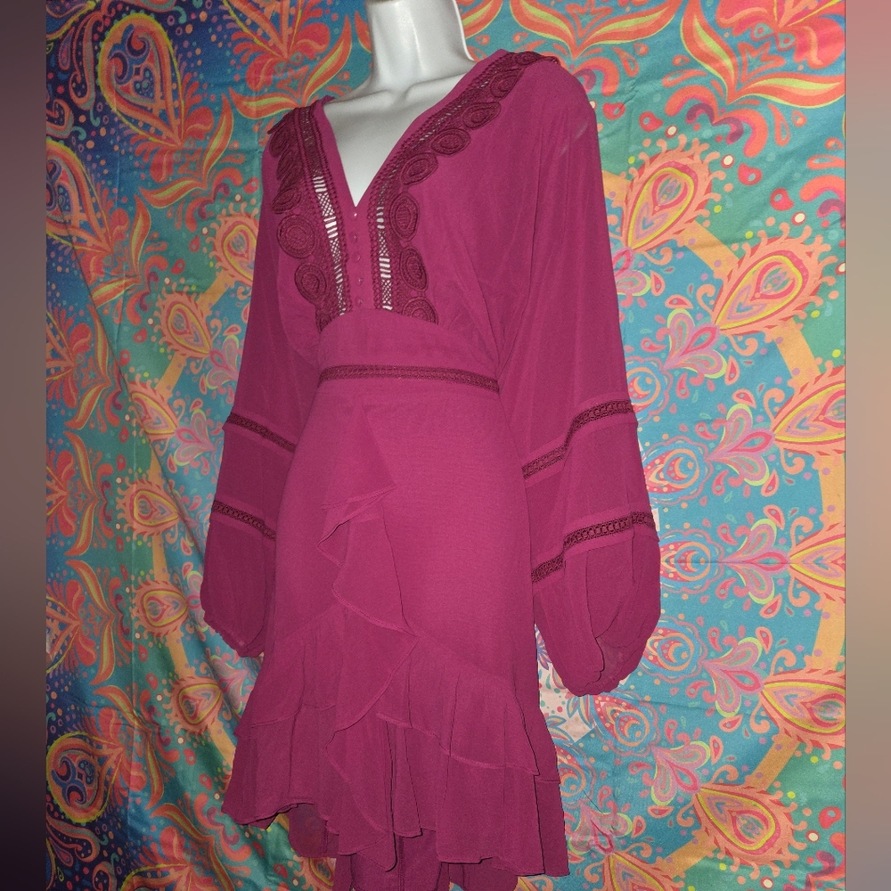 City Chic Burgundy Long Sleeve Ruffle Dress - Picture 7 of 11